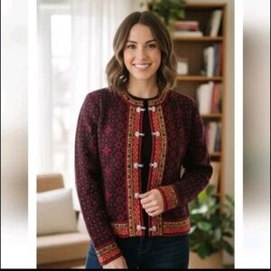 Skjaeveland Norwegian Wool Cardigan Sweater Boho Nordic Fair Isle Cottagecore XL